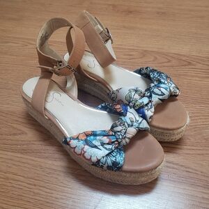 Jessica Simpson Tan and Floral Wedge Sandals